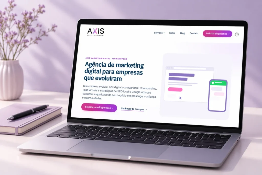 Site da AXIS em notebook sobre mesa de agência