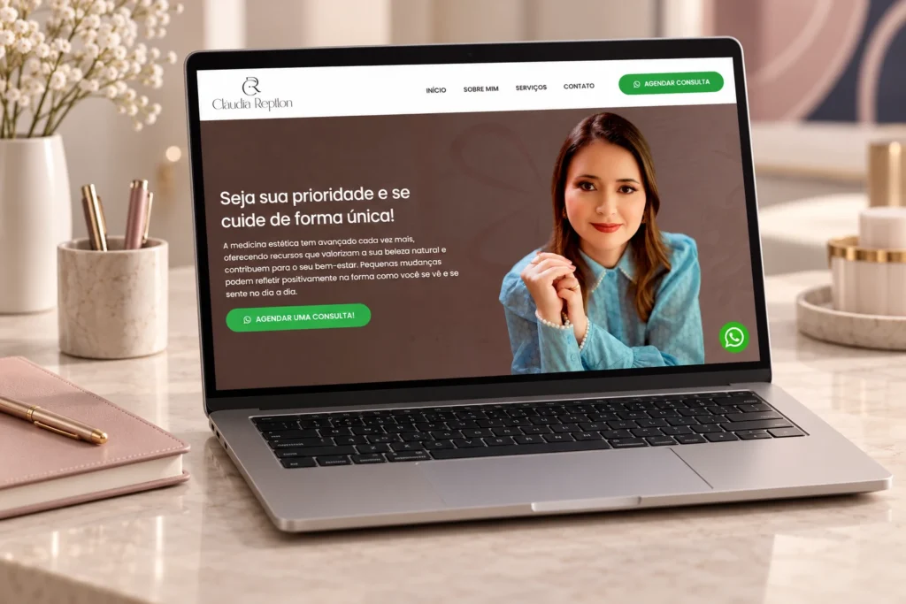 Mockup do site Claudia Reptton em dispositivo e ambiente profissional