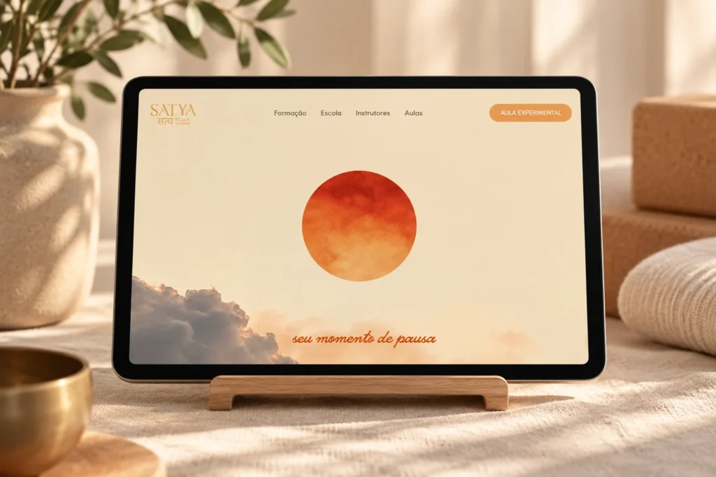 Mockup do site Satya — Escola de Yoga em dispositivo e ambiente profissional