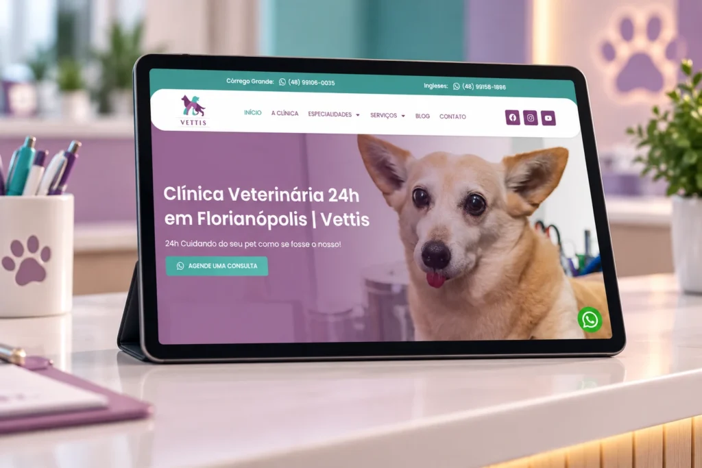 Mockup do site Vettis — Clínica Veterinária em dispositivo e ambiente profissional